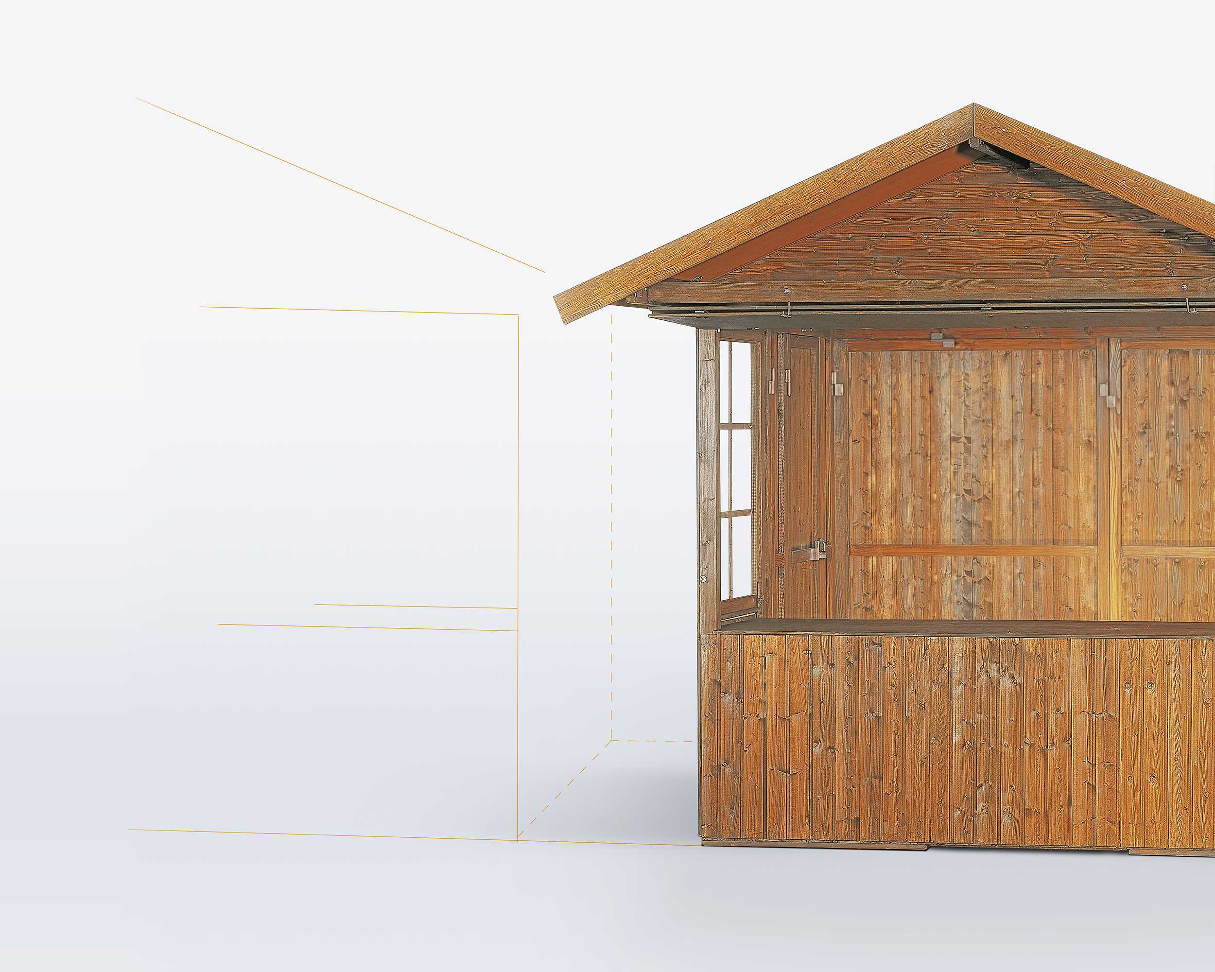 Die Verkaufshütte aus Holz kann einfach durch Zwischenbauelemente erweitert werden.